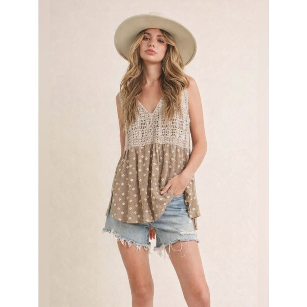 Tiny Anthropologie Crochet Boho Tank Top Beige Sleeveless Tunic Size S Festival